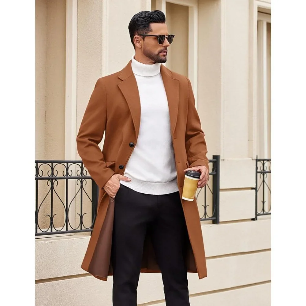 Men’s Long Trench Coat Single-Breasted Wool Blend Overcoat Brown Notched Collar - Picture 2 of 6